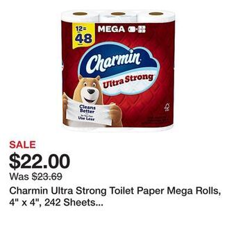 Office Depot Charmin ultra strong toilet paper mega rolls, 4 x 4, 242 sheets per roll, pack of 12 rolls offer
