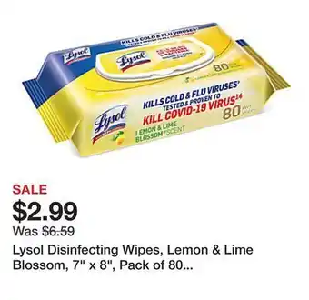 Office Depot Lysol disinfecting wipes, lemon & lime blossom, 7 x 8, pack of 80 wipes offer