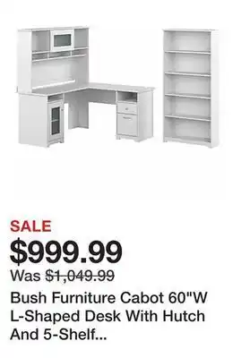 Office Depot Bush furniture cabot 60w l-shaped desk with hutch and 5-shelf bookcase, white, standard delivery offer
