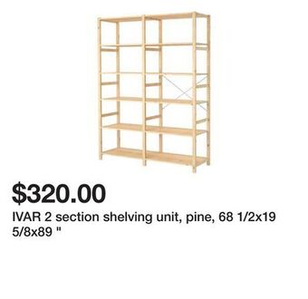 Ikea Ivar 2 section shelving unit, pine, 68 1/2x19 5/8x89 offer