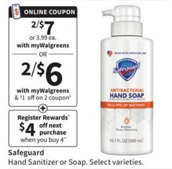 Walgreens Safeguard Hand Sanitizer Or Soap offer