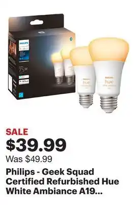 Best Buy Philips - geek squad certified refurbished hue white ambiance a19 bluetooth 75w smart led bulbs (2-pack) offer