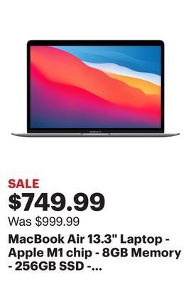 Best Buy Macbook air 13.3 laptop - apple m1 chip - 8gb memory - 256gb ssd - space gray offer