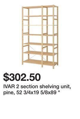 Ikea Ivar 2 section shelving unit, pine, 52 3/4x19 5/8x89 offer