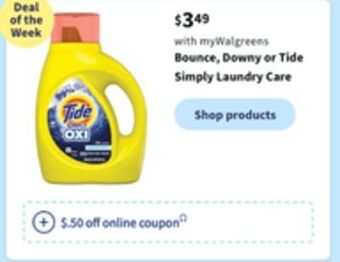 Walgreens Bounce, downy or tide simply laundry care offer