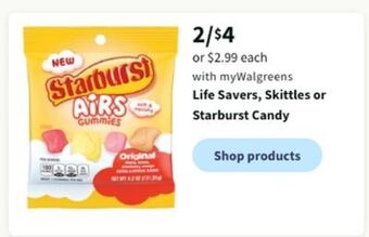 Walgreens Life savers, skittles or starburst candy offer