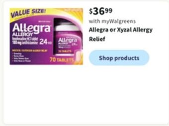 Walgreens Allegra or xyzal allergy relief offer