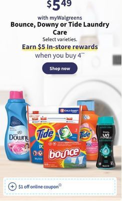 Walgreens Bounce, downy or tide laundry care offer
