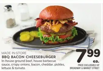 Albertsons BBQ BACON CHEESEBURGER In-house ground beef, house barbecue sauce, crispy onions, bacon, cheddar, pickles, lettuce & tomato. offer