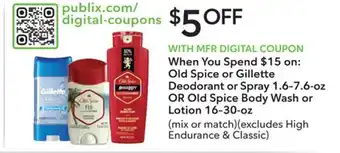 Publix Old Spice or Gillette Deodorant or Spray 1.6-7.6 oz or Old Spice Body Wash or Lotion 16-30 oz offer