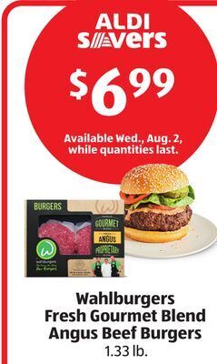 Aldi Wahlburgers fresh gourmet blend angus beef burgers offer
