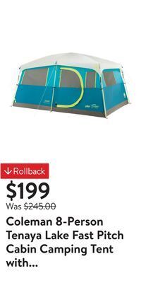 Walmart Coleman 8-person tenaya lake fast pitch cabin camping tent with closet, light blue offer