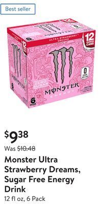 Walmart Monster ultra strawberry dreams, sugar free energy drink offer