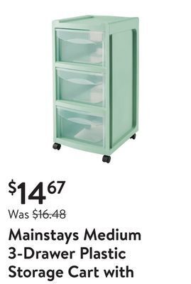 Walmart Mainstays medium 3-drawer plastic storage cart with wheels in classic mint offer