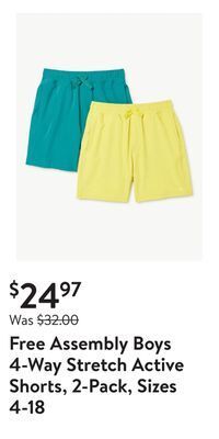 Walmart Free assembly boys 4-way stretch active shorts, 2-pack, sizes 4-18 offer