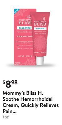 Walmart Mommy's bliss h. soothe hemorrhoidal cream, quickly relieves pain and itchiness, over the counter offer