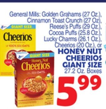 Bravo Supermarkets Honey nut cheerios giant size 27.2 oz. boxes offer