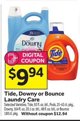 Stop&Shop Tide, downy or bounce laundry care offer