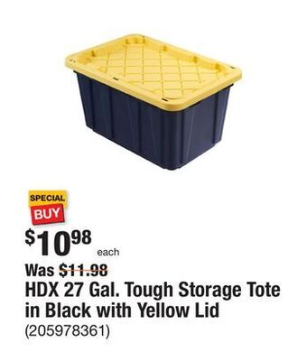 The Home Depot Hdx 27 gal. tough storage tote in black with yellow lid offer