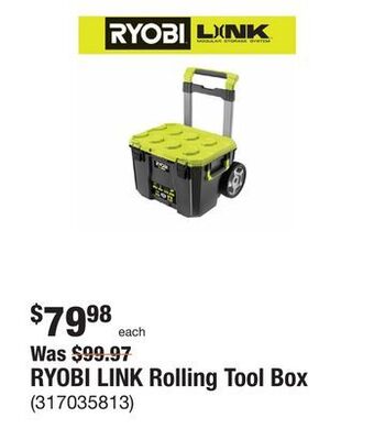 The Home Depot Ryobi link rolling tool box offer