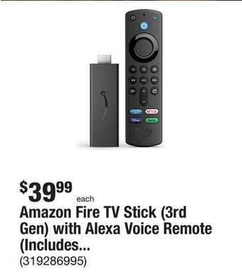 The Home Depot Amazon fire tv stick (3rd gen) with alexa voice remote (includes tv controls) hd streaming device 2021 release in black offer