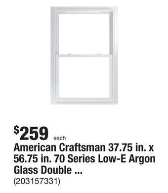 The Home Depot American craftsman 37.75 in. x 56.75 in. 70 series low-e argon glass double hung white vinyl fin with j window, screen incl offer