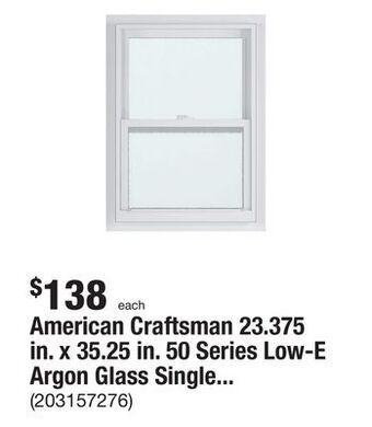 The Home Depot American craftsman 23.375 in. x 35.25 in. 50 series low-e argon glass single hung white vinyl fin window, screen incl offer