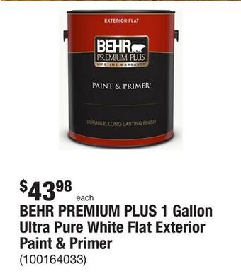 The Home Depot Behr premium plus 1 gallon ultra pure white flat exterior paint & primer offer