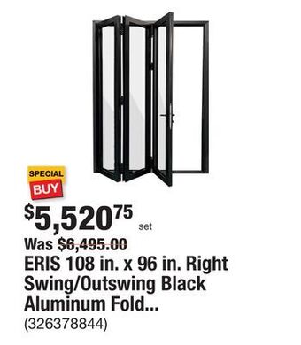 The Home Depot Eris 108 in. x 96 in. right swing/outswing black aluminum folding patio door offer