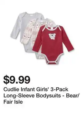 Kmart Cudlie infant girls' 3-pack long-sleeve bodysuits - bear/fair isle offer