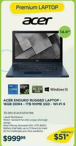 Acer Enduro Rugged Laptop - 16gb Ddr4 - 1tb Nvme Ssd - Wi-fi 6