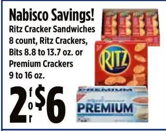 KTA Super Stores Nabisco Savings! Rits Cracker Sandwiches 8 Cournt Ritz Crackers Bits 8.8 To 13.7 Oz. Or Premium Crackers offer
