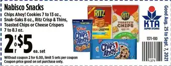 KTA Super Stores Nabisco Snacks Chips Ahoy! Cookies 7 To 13 Oz. Snak-saks 8 Oz. Ritz Crips & Thins Toasted Chips Or Cheese Crispers offer