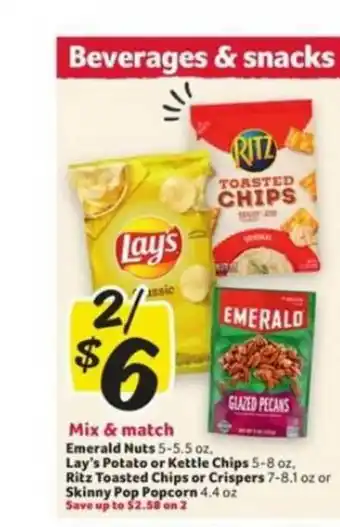 Winn Dixie Mix & Match Emerald Nuts Lay's Potato Or Kettle Chips Ritz Toasted Chips Or Crispers Skinny Pop Popcorn offer