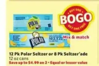 Winn Dixie 12 Pk Polar Seltzer Or 8 Pk Seltzer'ade offer