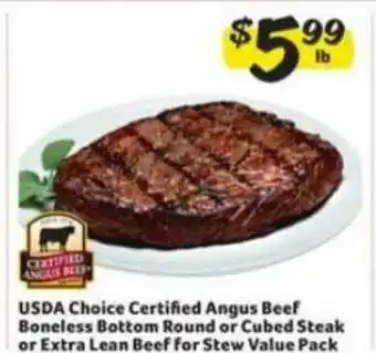 Winn Dixie Usda Choice Certified Angus Beef Boneless Bottom Round Or Cubed Steak Or Extra Lean Beef For Stew Value Pack offer