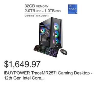 Costco Ibuypower tracemr257i gaming desktop - 12th gen intel core i7-12700kf - geforce rtx 3070ti - windows 11 offer