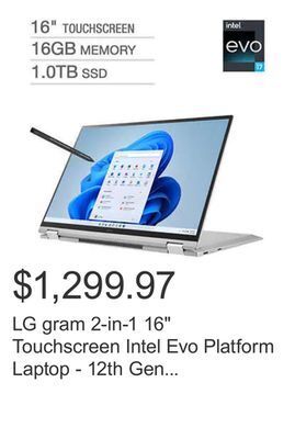 Costco Lg gram 2-in-1 16 touchscreen intel evo platform laptop - 12th gen intel core i7-1260p - 2560 x 1600 - windows 11 offer