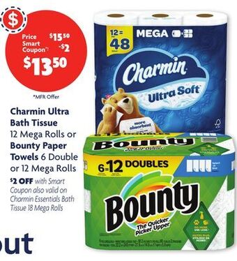 Family Dollar Charmin ultra bath tissue 12 mega rolls or bounty paper towels 6 double or 12 mega rolls offer
