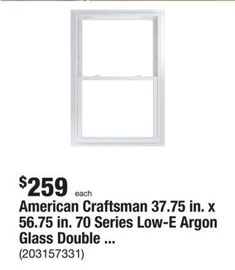 The Home Depot American craftsman 37.75 in. x 56.75 in. 70 series low-e argon glass double hung white vinyl fin with j window, screen incl offer
