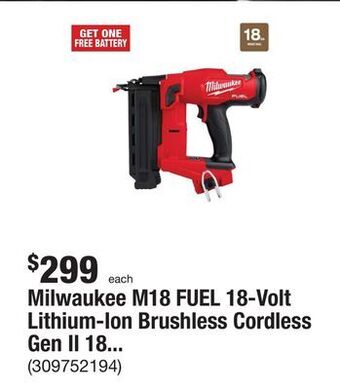 The Home Depot Milwaukee m18 fuel 18-volt lithium-ion brushless cordless gen ii 18-gauge brad nailer (tool-only) offer