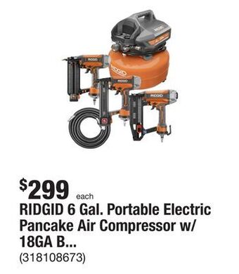 The Home Depot Ridgid 6 gal. portable electric pancake air compressor w/ 18ga brad nailer, 16ga straight finish nailer, & 18ga finish staple offer