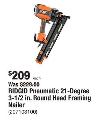 The Home Depot Ridgid pneumatic 21-degree 3-1/2 in. round head framing nailer offer