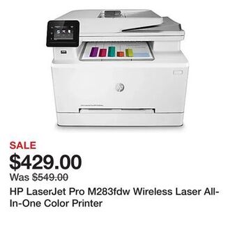 Office Depot Hp laserjet pro m283fdw wireless laser all-in-one color printer offer