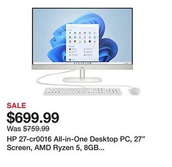 Office Depot Hp 27-cr0016 all-in-one desktop pc, 27 screen, amd ryzen 5, 8gb memory, 512gb solid state drive, wi-fi 6, windows® 11 offer