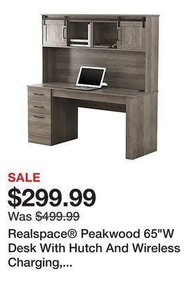 Office Depot Realspace® peakwood 65w desk with hutch and wireless charging, smoky brown offer