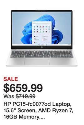 Office Depot Hp pc15-fc0077od laptop, 15.6 screen, amd ryzen 7, 16gb memory, 256gb solid state drive, wi-fi 6, windows® 11 offer