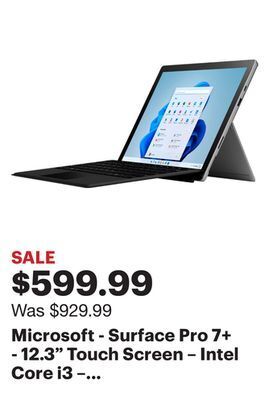 Best Buy Microsoft - surface pro 7+ - 12.3 touch screen – intel core i3 – 8gb memory – 128gb ssd with black type cover (latest model) offer