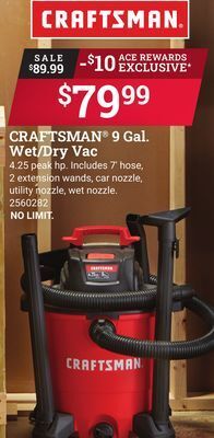 Ace Hardware Craftsman® 9 gal. wet/dry vac 4.25 peak hp offer