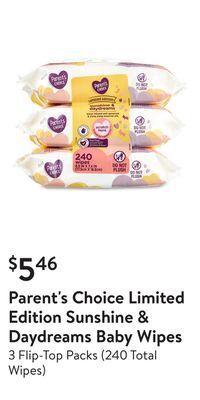 Walmart Parent's choice limited edition sunshine & daydreams baby wipes offer